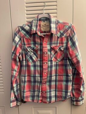 Vintage Hollister Coral Plaid Snap Button-Up Shirt
